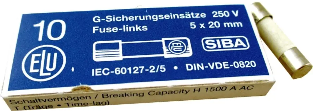 Packung mit Feinsicherungen, Marke Wolf, 250 V, Typ G, für elektrische Anwendungen, sichtbar sind die Sicherungen und die Verpackung mit technischen Angaben.